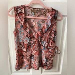 Y2K M Susan Lawrence Rose Pink and Blue Sleeveless Wrap Blouse with ruffles
